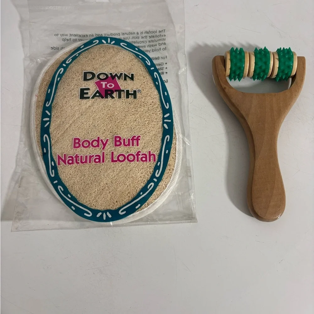 Down To Earth  Body Buff Loofah And Wooden  Massage Roller Both BRAND NEW!